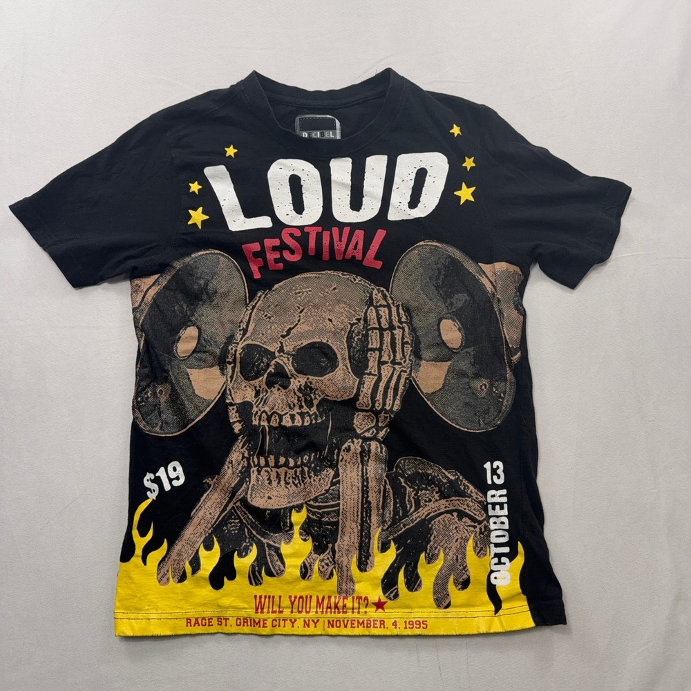 Decibel T-Shirt Loud Festival Skull Flame Graphic Black‎ Mens Size Medium